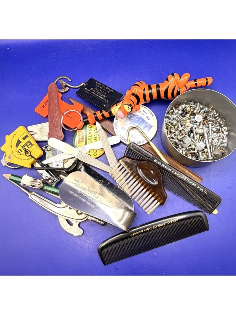 Vintage Junk Drawer Lot Advertising Keychains Pinback Buttons Shoe Horns Tigger